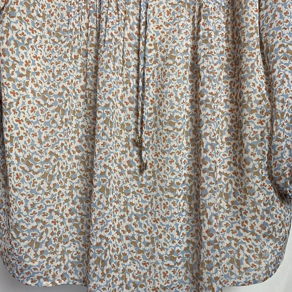 Tommy Hilfiger Womenʻs 3/4 Sleeve Pleated Tan | Blue Floral Lined Blouse XL